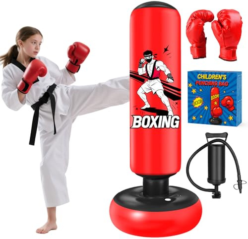 Punching Bag for Teens 168cm, Qoosea Free Standing Inflatable Boxing Bag with Gloves and Air Pump, Teens Punch Bags- Birthday Gifts for Boys & Girls for Practicing Karate, Taekwondo, MMA-Blue