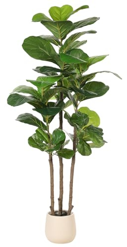 Realead Fiddle Leaf Fig Tree Artificial - 5ft Faux Fiddle Leaf Fig Tree with White Planter - Large Fake Fig Tree with Natural Trunk and Lifelike Leaves for Home Living Room Indoor Decor