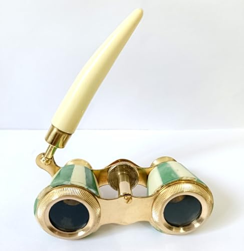 Vintage operaglasögon, guldpläterad mässing med grönrandig design, elfenbenshandtag, teaterkikare