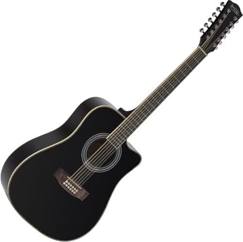 Rocktile WSD12-50C-BK Guitarra Western - Dreadnought De 12 Cuerdas Con Cutaway - Tapa De Abeto Y Cuerpo De Caoba - Diapasón De Palisandro - Acabado Gloss - Negro