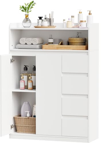 ANWBROAD Mobiletto da Bagno, Mobiletto da Bagno Moderno Contenitore con 4 Cassetti, 2 Ante e Ripiano Regolabile, Comò per Bagno, Soggiorno, Cucina, Bianco, 110×80×30 cm, SBC015W