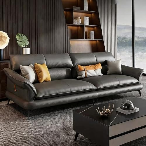 Italiensk lyxig enkel lädersoffa, massiv träram, rymlig och mjuk soffa, modern stor storlek, lämplig för vardagsrum/kontor/lägenhet.