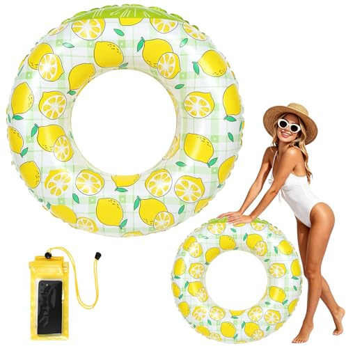 Swimming Rings for Adults, Inflatable Swimming Ring, Rubber Ring for Swimming, Pool Float with Waterproof Phone Pouch for Summer Beach Pool Party (Yellow, 75cm outer / 35cm inner diameter)