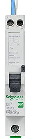 Schneider Electric Easy9 - RCBO Residual Circuit Breaker with Overcurrent Protection, 1 Pole, 32A, 30mA, Type A, B Curve, EZ9D16832