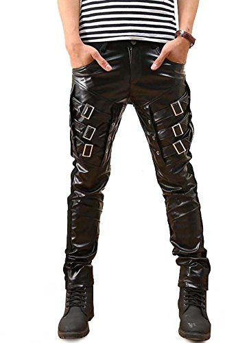 Idopy Men`s Rock Punk Hip Hop Faux Leather Motocycle Pants 31 Black