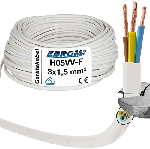 EBROM Kunststoff Schlauchleitung RUND, Kabel, Stromkabel, Leitung, Gerätekabel H05VV-F 3x1,5 mm² 3G1,5 mm2 - Farbe: weiß - Viele Längen in 5 Meter Schritten bis 150 Meter, Ihre Kabellänge: 5 Meter