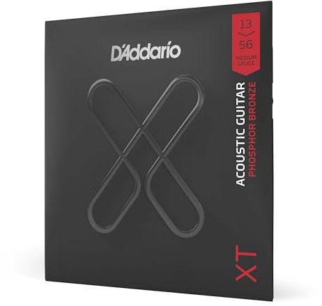 D'Addario Acoustic Guitar Strings, XT Phosphor Bronze Coated, XTAPB1356, Medium Gauge 13-56, 6-String Set, Pack of 1