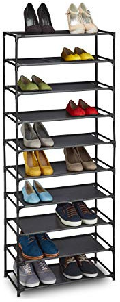 Relaxdays Stoff Schuhregal Stecksystem, 10 Ebenen, für 30 Paar Schuhe, Schuhständer hoch HxBxT 150 x 62 x 28 cm, schwarz