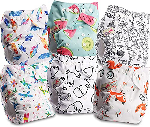 Littles & Bloomz 6 Reusable Pocket Cloth Nappies (Popper), P0606 | Gentle Comfort, Adjustable Fit for 0-3Y/3-15kg, Washable & Quick-Dry, Easy-Care, Multiple Insert Options Available Separately