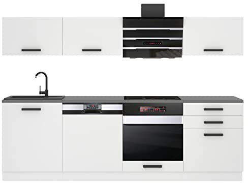 Belini Küchenzeile Küchenblock Linda - Küchenmöbel 240 cm Einbauküche Vollausstattung ohne Elektrogeräten mit Hängeschränke und Unterschränke, mit Arbeitsplatten, Weiß matt