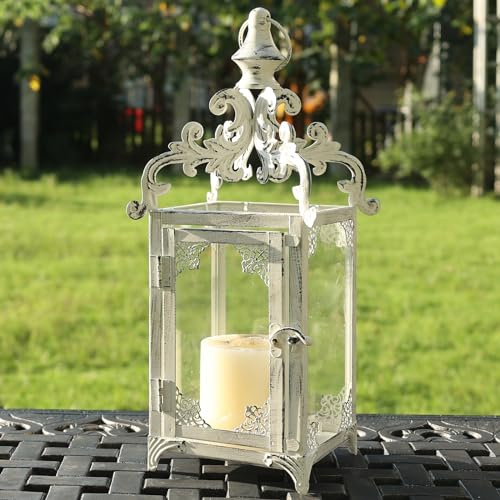 NEEDOMO Lanterns Decorative Indoor, 16 White Hanging Lantern Decor Outdoor, Vintage Metal Large Candle Lantern for Patio, Front Porch, Table, Home Decor, Candle Holder with Clear Glass