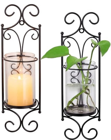 Sziqiqi Portacandele da Parete con Vetro Antivento - Candelabro da Parete Portacandele a Colonna Decorazioni da Parete Candeliere per Soggiorno Camino, Nero