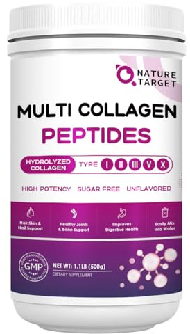NATURE TARGET Multi Collagen Peptides Powder - Type I, II, III, V, X - Hydrolyzed Collagen Peptides with Vitamin C Hyaluronic Acid, Supports Skin Hair Nail & Joint, Grass-Fed, Non-GMO, 50 Servings