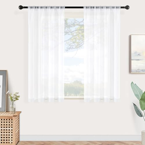 MRTREES Net Curtains for Windows 45 Inch Drop, White sheer Curtains Rod Pocket Voile Net Curtains, Set of 2, 54x45 Inch 137x114 CM, White