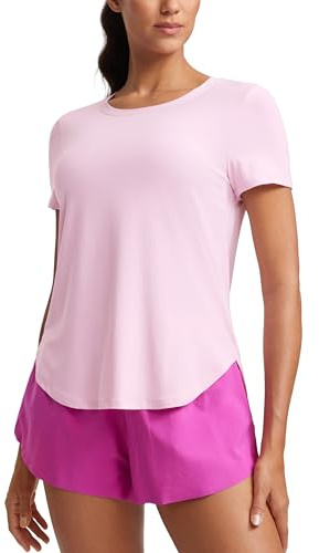 CRZ YOGA Womens Cloudweight Crewneck Short Sleeve Tops Side Slit Lightweight Gym Workout Athletic T-Shirts Pink Peony 12