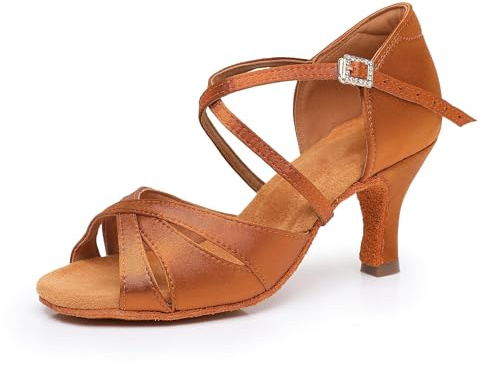 Rosefinch Scarpe da Ballo Latino per Donne Suola Morbida Strass Fibbia Salsa Tango Ballroom Professionale Scarpe da Ballo Pratica Tacco 7cm, Marrone 36EU