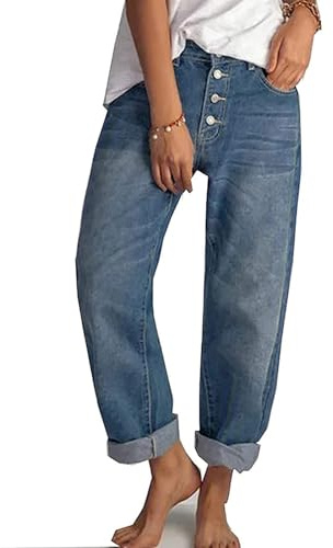 FYCYGG Pantalones Vaqueros Boyfriend Baggy Cropped de Mujer Pantalones Vaqueros de Pierna Ancha de Tiro Medio Tobilleros con Bolsillos Vaqueros Herradura Vaqueros Globo Pantalones Baggy(XXL)