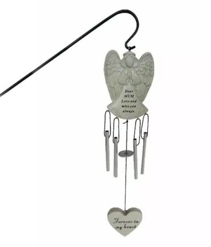 Mum Hanging Angel Wind Chime - Graveside Memorial Decoration Tribute Plaque - 38 x 7cm - With Metal Ground Stake Outdoor Garden - Parent Family Member