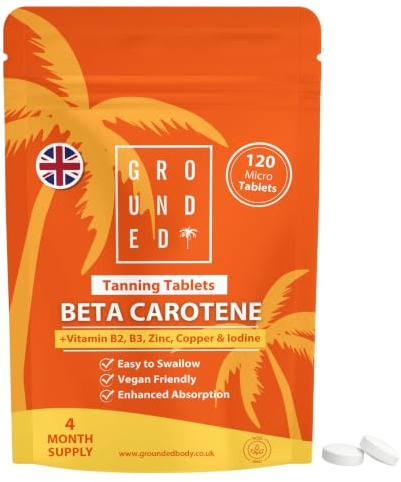 Grounded Beta Carotene Tanning Tablets | 120 Tablets, 4 Month Supply | with Zinc, Vitamin A, B2, B3, Copper & Iodine | High Strength Antioxidant Support | Vegan-Friendly & Made in the UK