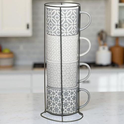 Dylex Jumbo Embossed Stacking Mugs, 470ml Ceramic Cups with Metal Stand, Set of 4, Grey and White, Geometric Pattern