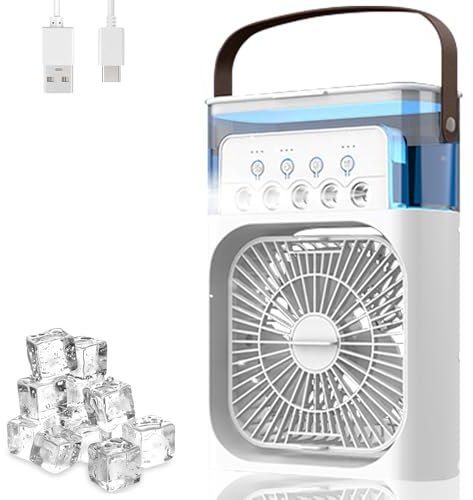 Anluomania Climatiseur Mobile Portable, Refroidisseur d'air 4 en 1, Mini Climatiseur Portable 600ML, Mini Air Climatiseur Ventilateur 3 Vitesses, 3 Modes de Brume, 7 Veilleuse, 2-8H Timer, pour Bureau