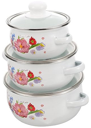 HIAKDOFT 3pezzi Pentola per Cucinare Smaltata in Doppio Manico e Motivo Vintage Adatta per Fusione e Riscaldamento di Latte e Burro