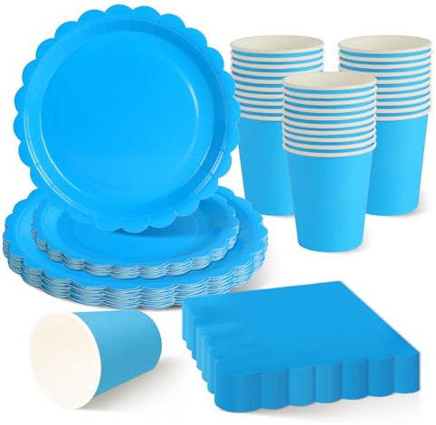 ZblPyro Azul Cielo cumpleaños para 30 invitados con platos carton ondulados 23cm y 18cm, vasos de papel y servilletas. Ideal para fiestas escolares y verano.