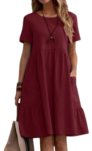 Vestidos Verano Mujer Corta Mangas de Playa Cuello Redondo con Bolsillos Tallas Grandes Midi Sueltos Color Sólido Boho Vestidos Casual Elegante Verano Mujer Algodón Midi con Bolsillos Sueltos