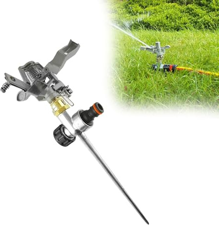 GARDENIX Pulserande gräsmattssprinkler på spik (metall), 360° täckning, metallspik, snabbanslutning med klicklås, upp till 27 m diameter gräsgräs