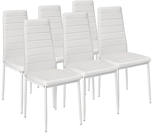 tectake® sillas de Comedor Acolchadas, Funda de Cuero sintético, Respaldo Alto, Patas de Acero, Montaje Sencillo, sillas Comedor Modernas, Muebles Salon Modernos, Silla nordica - 6 Sillas Blanco