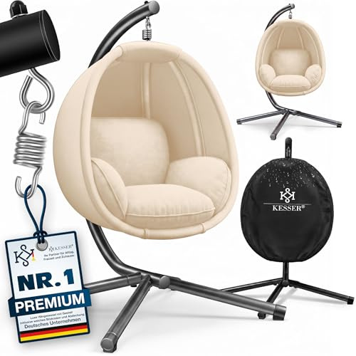 KESSER® Fauteuil Suspendu de Luxe avec Structure et Coussin d'assise Moelleux | Panier Suspendu intérieur et extérieur | Balançoire de Jardin | Panier Suspendu | Chaise Suspendue, Beige