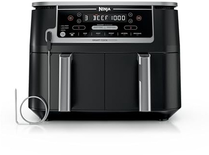 SavvyStor DZ550 Foodi 10 Quart 6-in-1 DualZone Smart XL Air Fryer with 2 Independent Baskets, Smart Cook Thermometer for Perfect Doneness, Match Cook & Smart Finish to Roast, Dehydrate & More, Grey