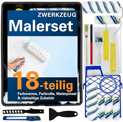 ZWERKZEUG® Ensemble de peintre 9/13/18 pièces, avec rouleau à peinture, pinceau, bac à peinture, rouleau à peinture, rouleau à peinture, accessoires de peinture (L - 18 pièces)