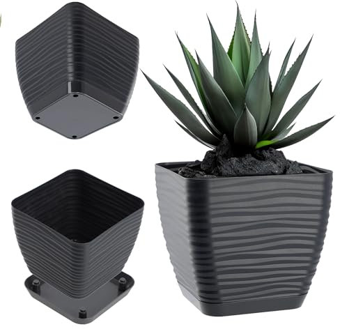 KADAX Pot de Fleurs en Plastique avec Soucoupe, Cache-Pot Moderne Ornée d'un Élégant Motif Ondulé pour Une Décoration Florale (Carré, Anthracite, 14.8 cm)