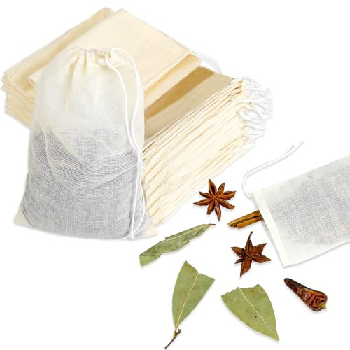30PCS Muslin Tea Bags with Drawstring Spice Bags for Cooking Reusable Empty Sachet Bags Cheese Cloth Bags for Spices 10×15cm/ 4x6 Inch