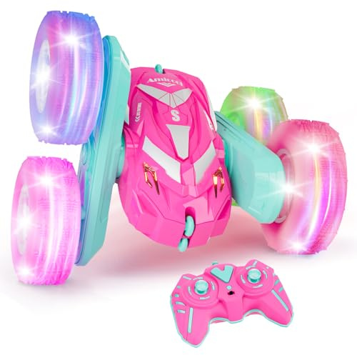 Amicool Remote Control Car for Girls 6-12 with Flashing Light, Toys 6 7 8 9 Years Old Girl Birthday Gifts Idea, RC Cars Stunt 4WD 2.4Ghz Double Sided 360° Flip, Present for Kids, Christmas, Pink