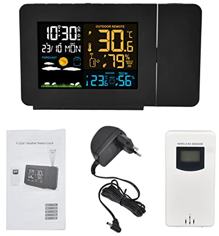 LOCADENCE Wetterstation Funk mit Außensensor, Weather Station Indoor Outdoor Thermometer, 60M Transmission Clock Thermometer Hygrometer, Projection Function, Temperature Prediction, Digital Hygrometer