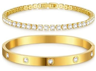 Simllyda 18K Edelstahl Armkette Damen Armbänder, 2Pcs Armband für Frauen 6mm Breit 17/19cm Schmuck Geschenk Gold Silber für Mama Freund Tochter