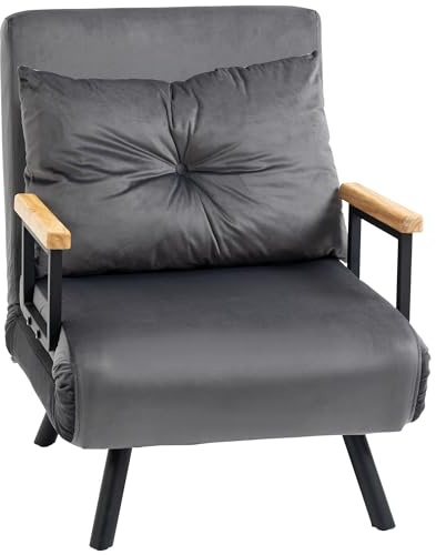 HOMCOM 4 in 1 Poltrona Letto Singolo, Poltrona Pieghevole con Schienale Regolabile in 5 Posizioni, Divano Letto con Cuscino, Seduta Imbottita, in Velluto per Casa e Ufficio, 63x73x81 cm, Grigio scuro