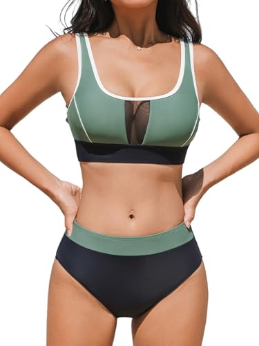 CUPSHE Bikini set för kvinnor, U-urringning, hög midja, färgblock, mesh, kontrasterande passpoal, tvådelad baddräkt, badmode, Salvia-grön/marinblå, XL