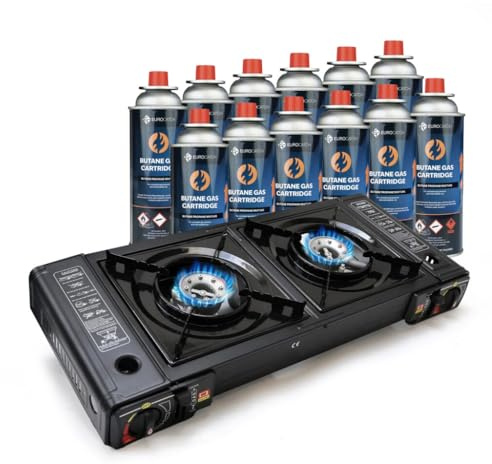 Eurocatch Réchaud à Gaz 2 foyers - incl. 12 Cartouches de gaz Butane - Réchaud de camping - Plaque de cuisson à gaz - Cuisinière à gaz