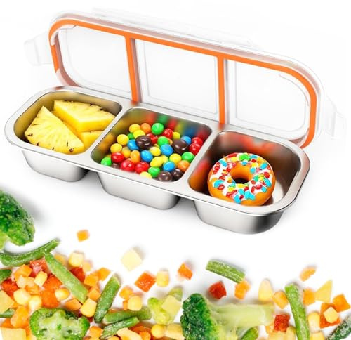 Galenecx Contenedores para Bocadillos de Acero Inoxidable, 3 recipientes de bocadillos de compartimento, recipientes reutilizables para la Escuela, el Hogar, los Viajes