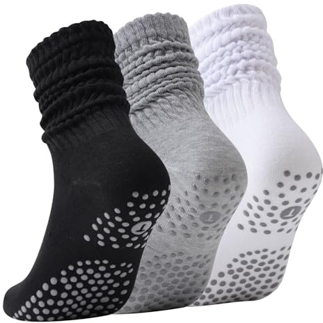 Risipu 3 Pairs Pilates Socks for Women,Yoga Slouch Socks with Grip for Barre Workout Hospital Long Scrunch Slipper Socks (UK, Alpha, One Size, Regular, Regular, Black+White+Gray)