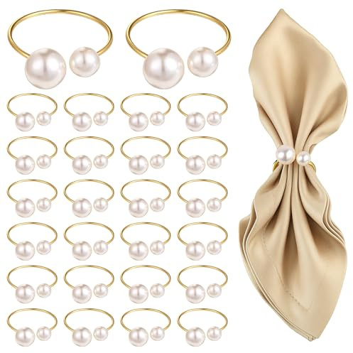 Yuanan Set of 42 Pearl Napkin Rings, Gold Napkin Ring Holders with Faux Pearls Scratch-Resistant Serviette Ring Buckle for Wedding Christmas Holiday Party Dinning Table Setting Supplies