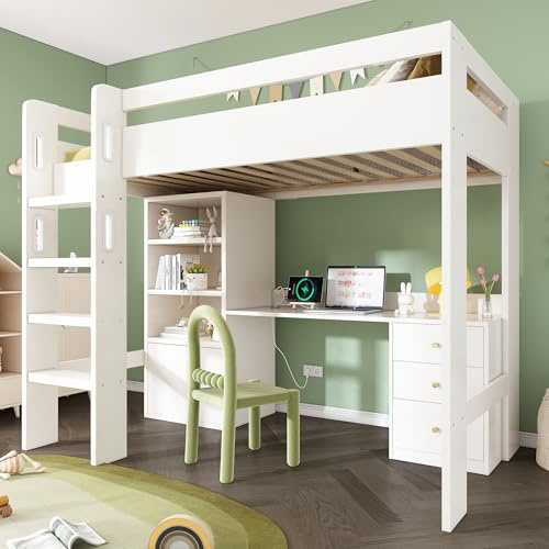 SURUEO Kids' High Sleeper Bunk Bed with USB-C Desk, Wardrobe & Filing Cabinet, 90 x 190 cm Children's Loft Bed with Stairs & Storage Space, All-in-One, with Slatted Frame, No Mattress