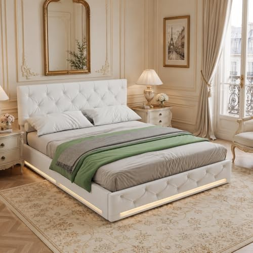 Letto 140 x 200 cm con baule letto idraulico imbottito con testiera regolabile e rete a doghe, letto matrimoniale in legno, per adolescenti, adulti, lino, bianco crema