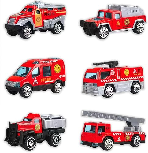 EduPlayte Fire Engine Trucks, Fire Rescue Heroes - 6-Piece Die-Cast Metal Fire Truck Toy Set, Alloy Fire Engine Collection with Realistic Details, for Kids Ages 3+