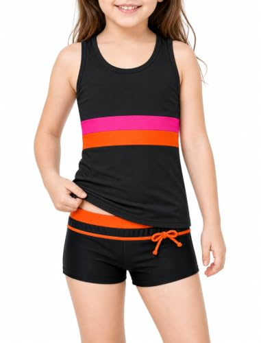 JiAmy Costume da bagno sportivo da bambina, 2 pezzi, con top senza maniche e pantaloncini da bagno, a righe a blocchi di colore, per bambini dai 5 ai 12 anni, Nero , 11-12 Anni