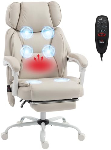 HOMCOM Silla de Oficina con Masaje Vibratorio de 6 Puntos y Calor Lumbar, Silla de Escritorio Reclinable con Reposacabezas Ajustable, Respaldo Alto, Altura Ajustable, Reposapiés, Crema