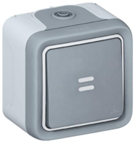 LEGRAND, Plexo Classic Feuchtraum-Aufputz-Wippschalter, Kontroll/ beleuchtet, Universal Aus-/Wechselschalter Kontroll mit Fenster, inkl. Glimmlampe, 10 A/250 V, IP55 - IK07, grau, 069712